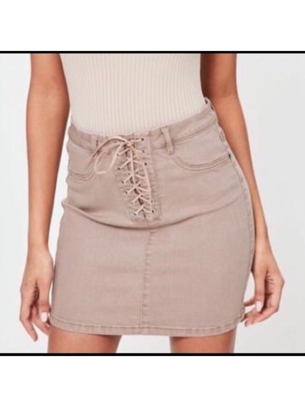 MISSGUIDED Camel Color Denim Lace Up Mini Skirt